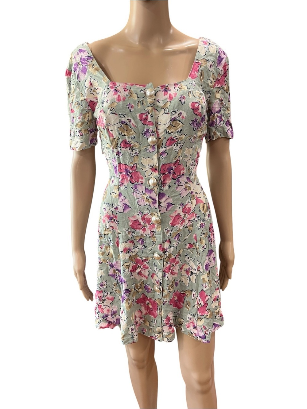 VTG 90s Knapp Studio California Sage Floral Button Down Mini Dress Rayon Sz 3